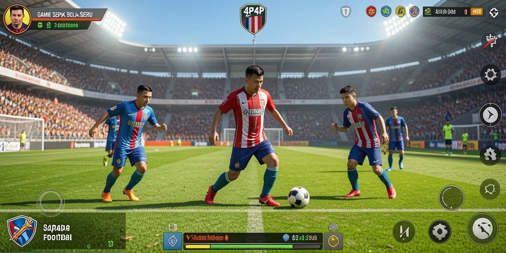 Screenshot gameplay 4P4P dengan aksi sepak bola intens.