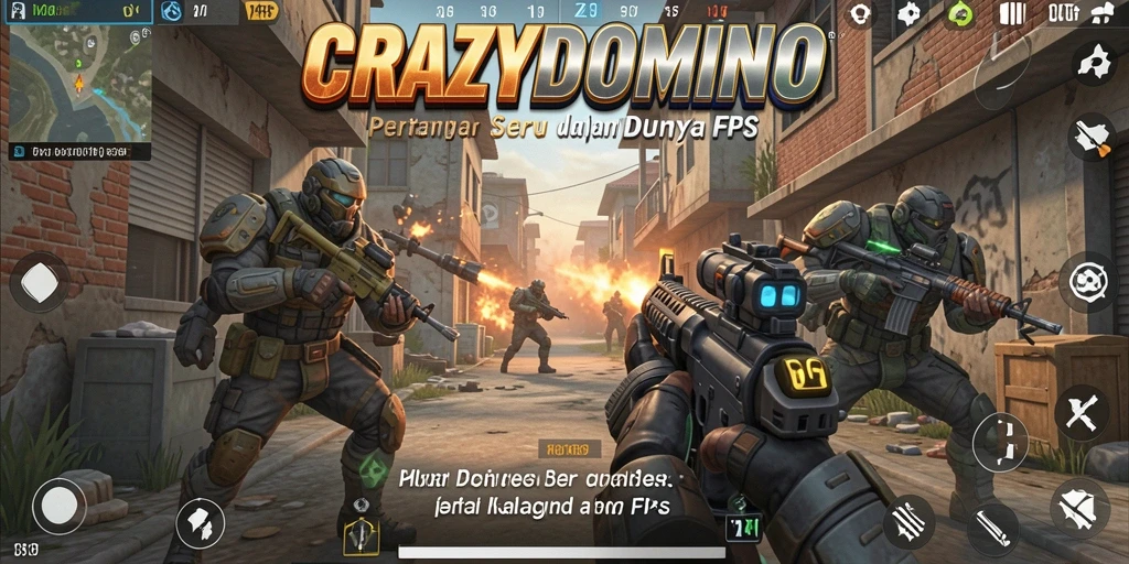 Tampilan gameplay menegangkan dari CRAZYDOMINO dalam pertempuran FPS.