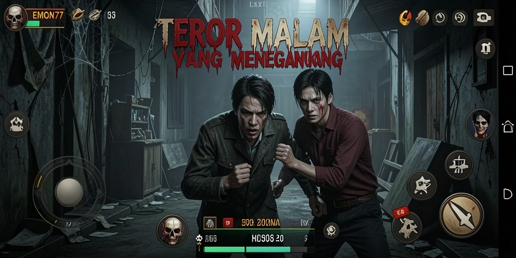Screenshot gameplay EMON77 yang menampilkan suasana mencekam dan penuh misteri.