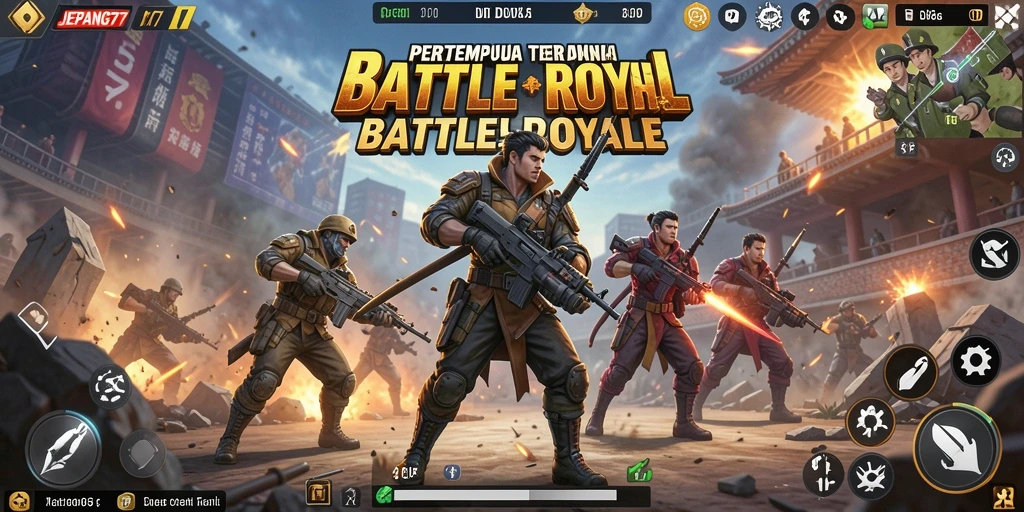 Gameplay seru dan menegangkan di JEPANG77 saat bertarung dalam arena Battle Royale.