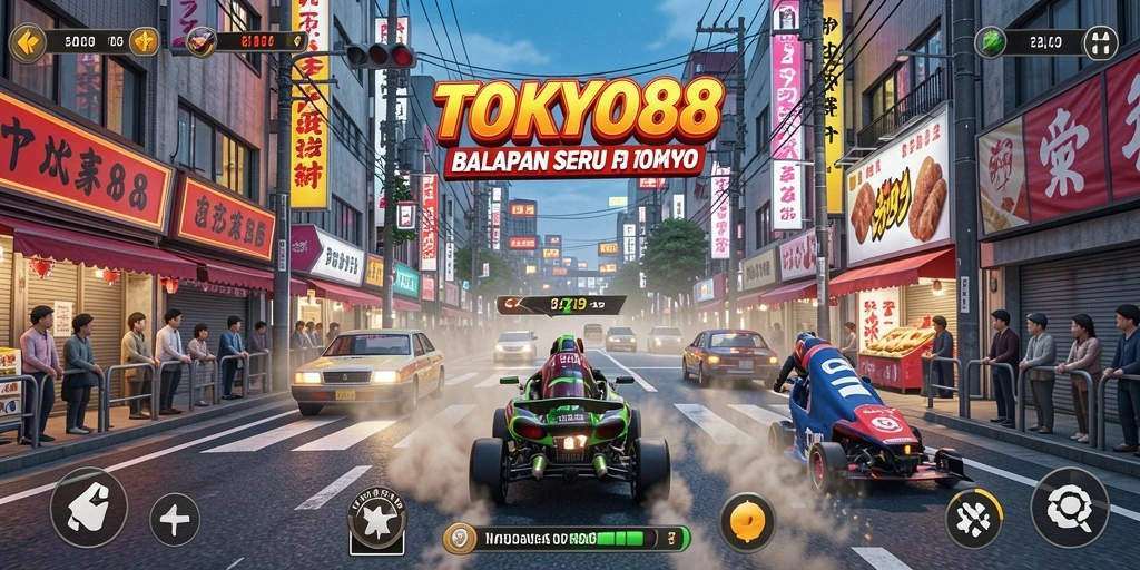 Tampilan gameplay seru dalam balapan di jalanan Tokyo.
